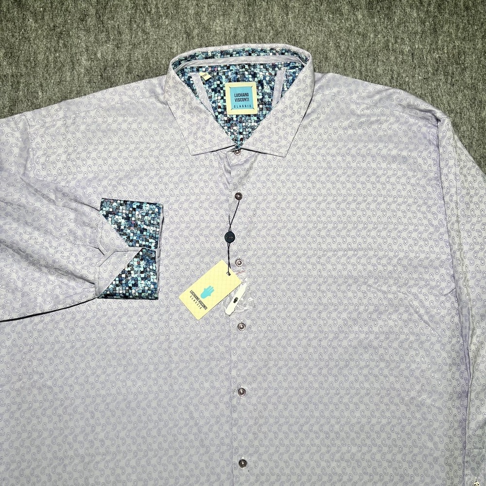 Luchiano Visconti Classic Purple Paisley Button Up Flip Cuff Men 23.5/6XL NWT